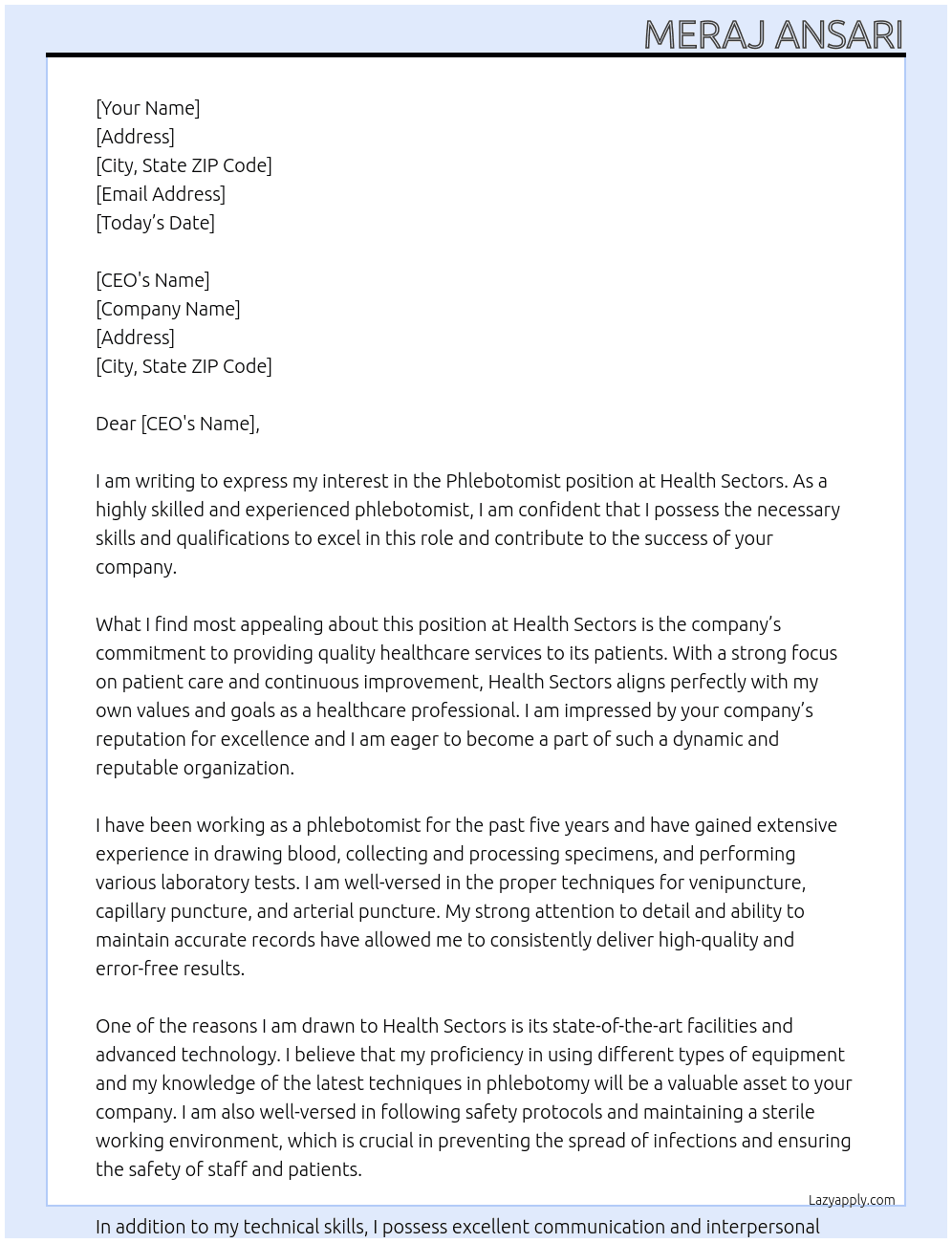 Phlebotomist  At Health Sectors  Cover Letter