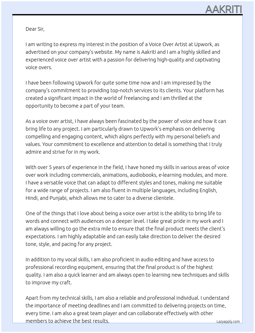 Voice over artist At Upwork  Cover Letter