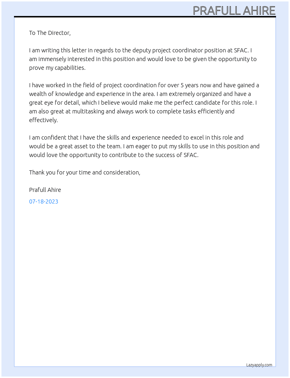 deputy project cordiantor At SFAC Cover Letter