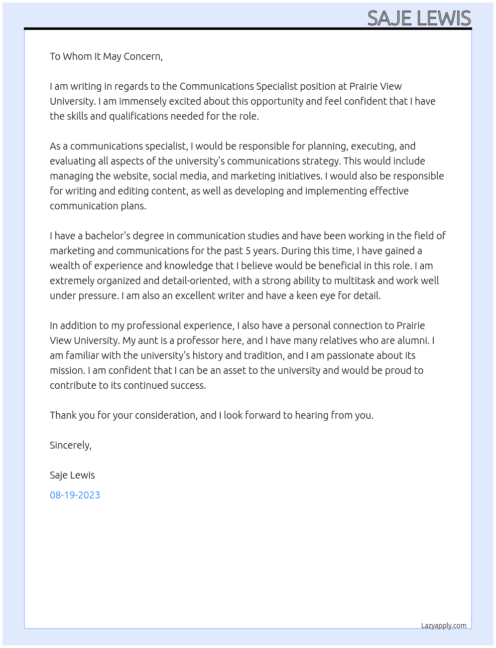 Communications Specialist At Prairie View University  Cover Letter