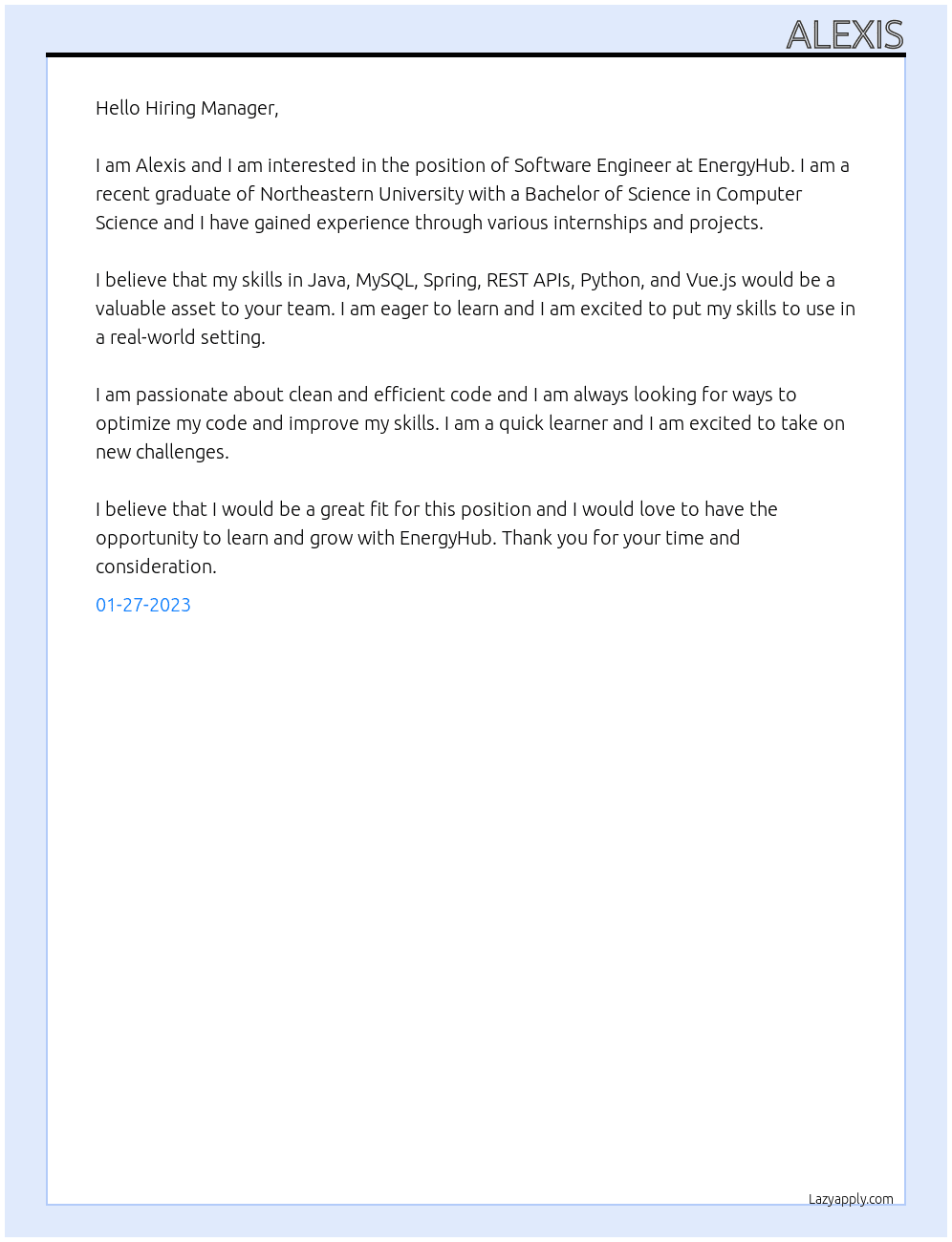 Software Engineer At EnergyHub Cover Letter