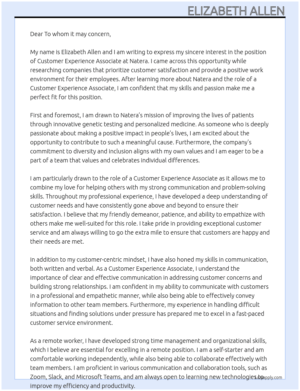 Customer ExperienceAssociate  At Natera Cover Letter