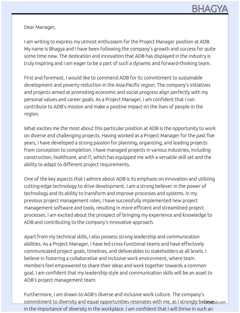 Project Manager At ADB Cover Letter