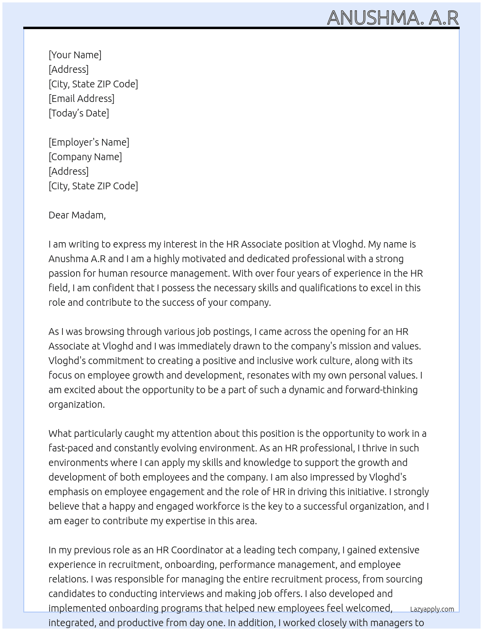 HR associate  At Vloghd Cover Letter