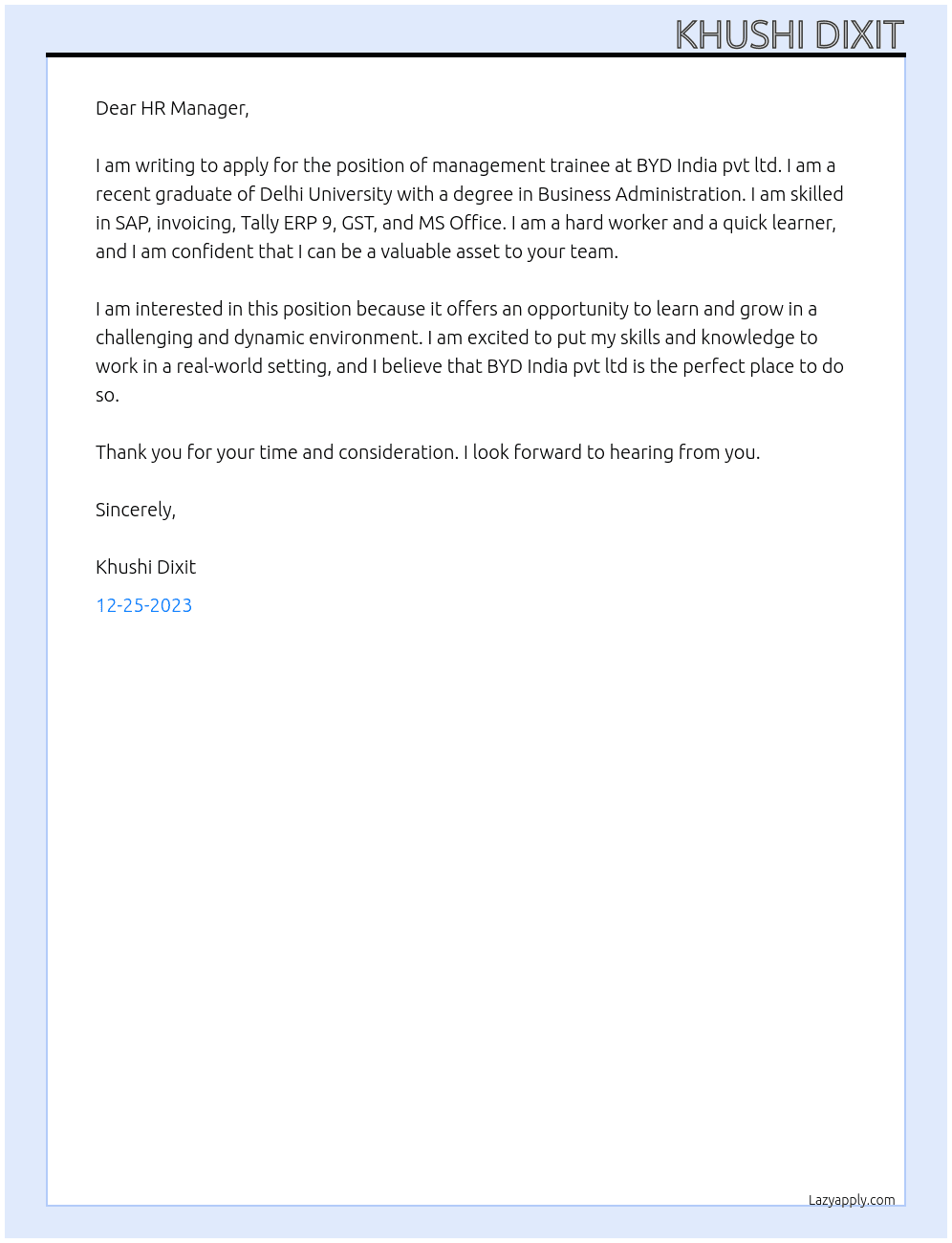 management trainee At BYD India pvt ltd Cover Letter