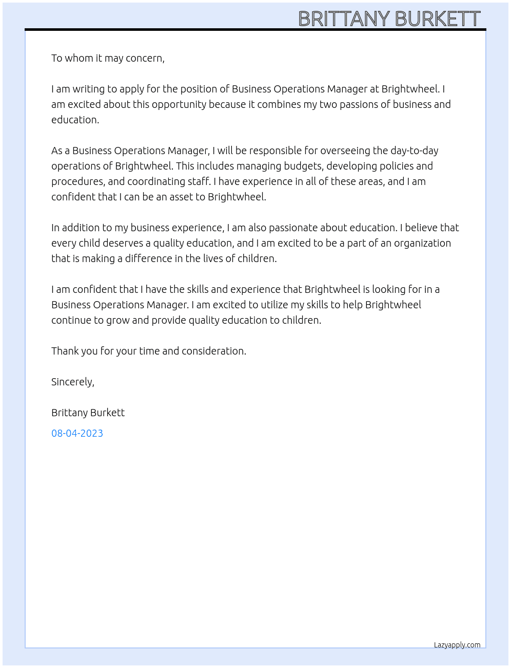 Business operations manager At Brightwheel Cover Letter