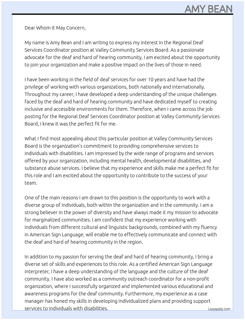 Regional Deaf Services coordinator At Valley Community Services Board Cover Letter