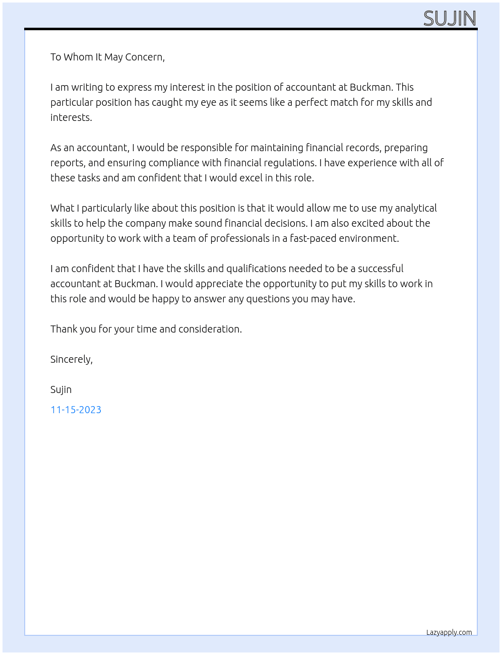 Accountant  At Buckman Cover Letter