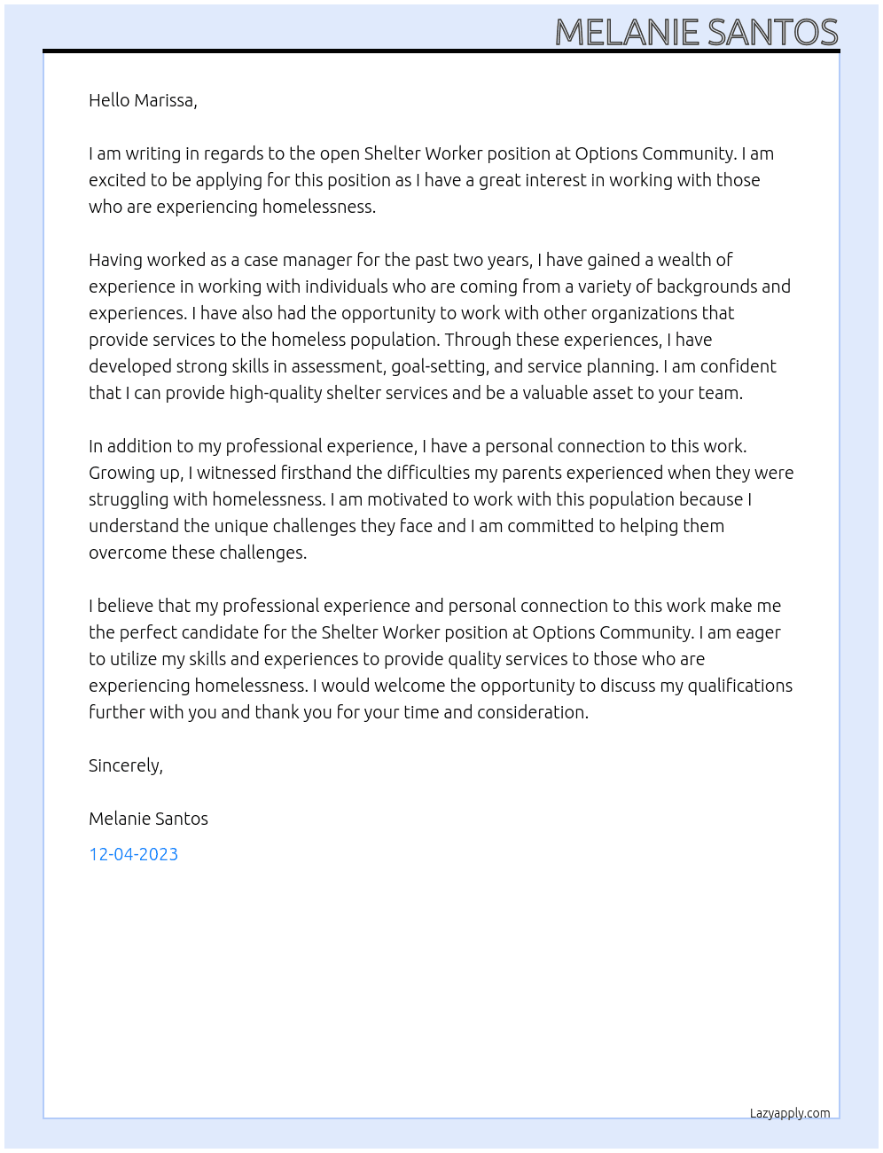 Shelter Worker At Options Community  Cover Letter