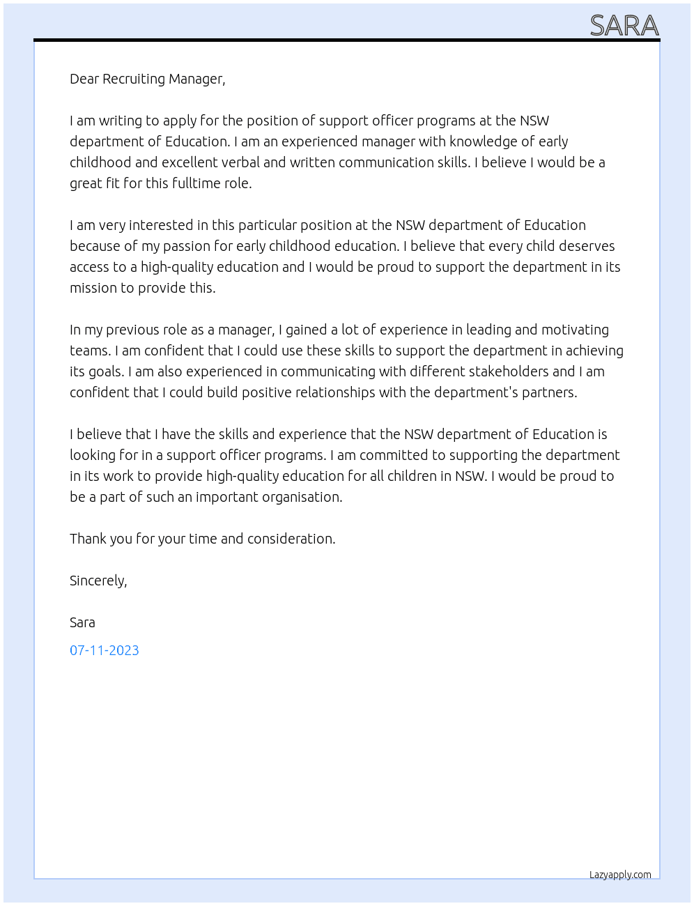 support officer programs At NSW department of Education  Cover Letter