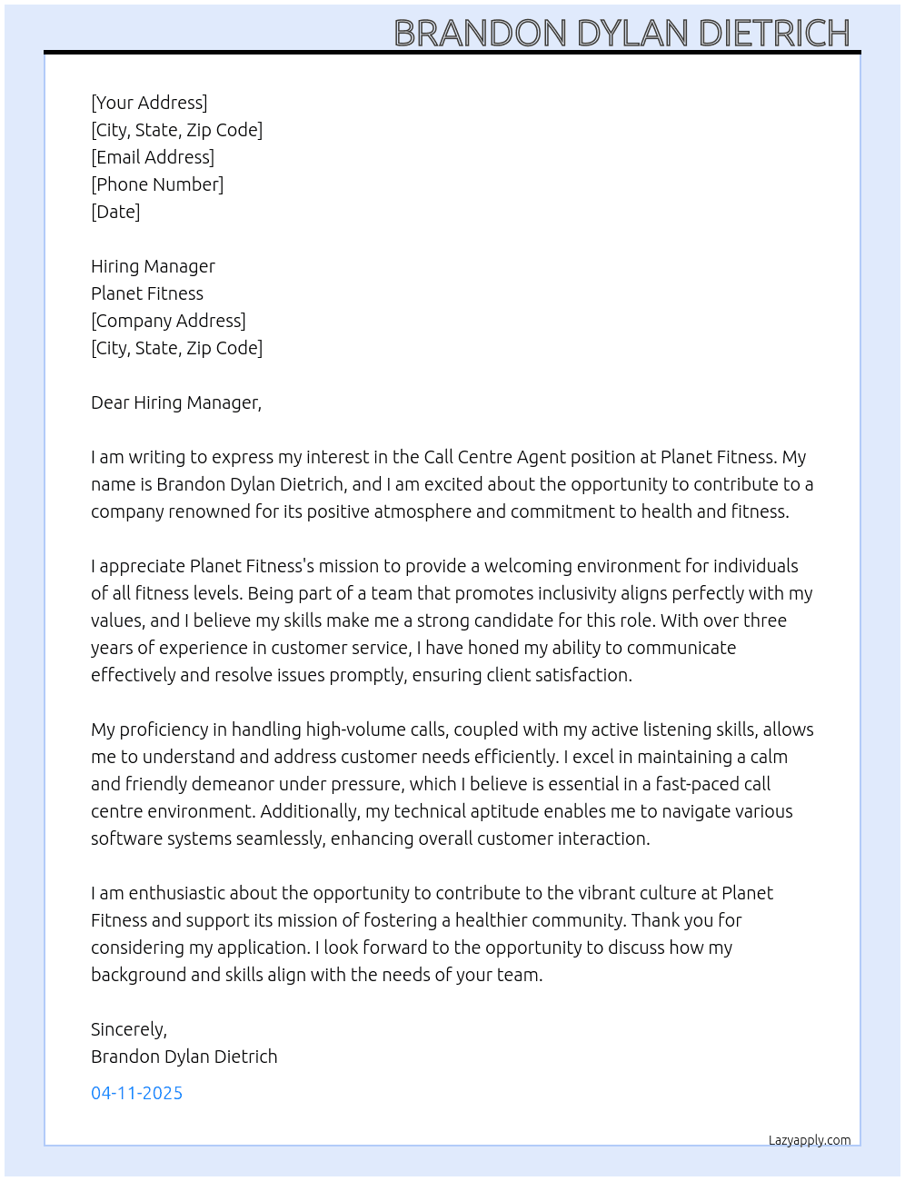 Call Centre Agent At Planet Fitness Cover Letter