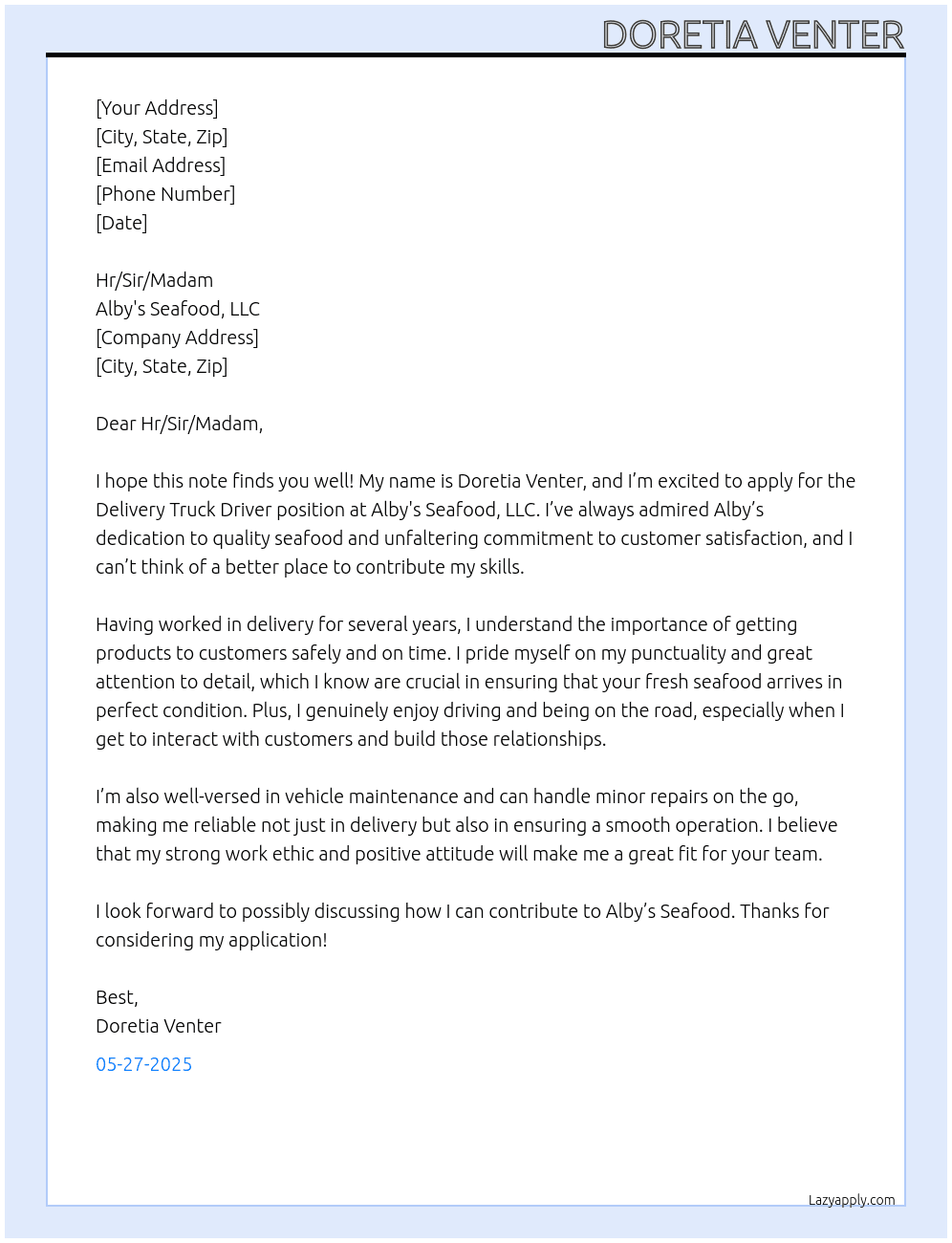 Cover letter for delivery truck driver - LazyApply