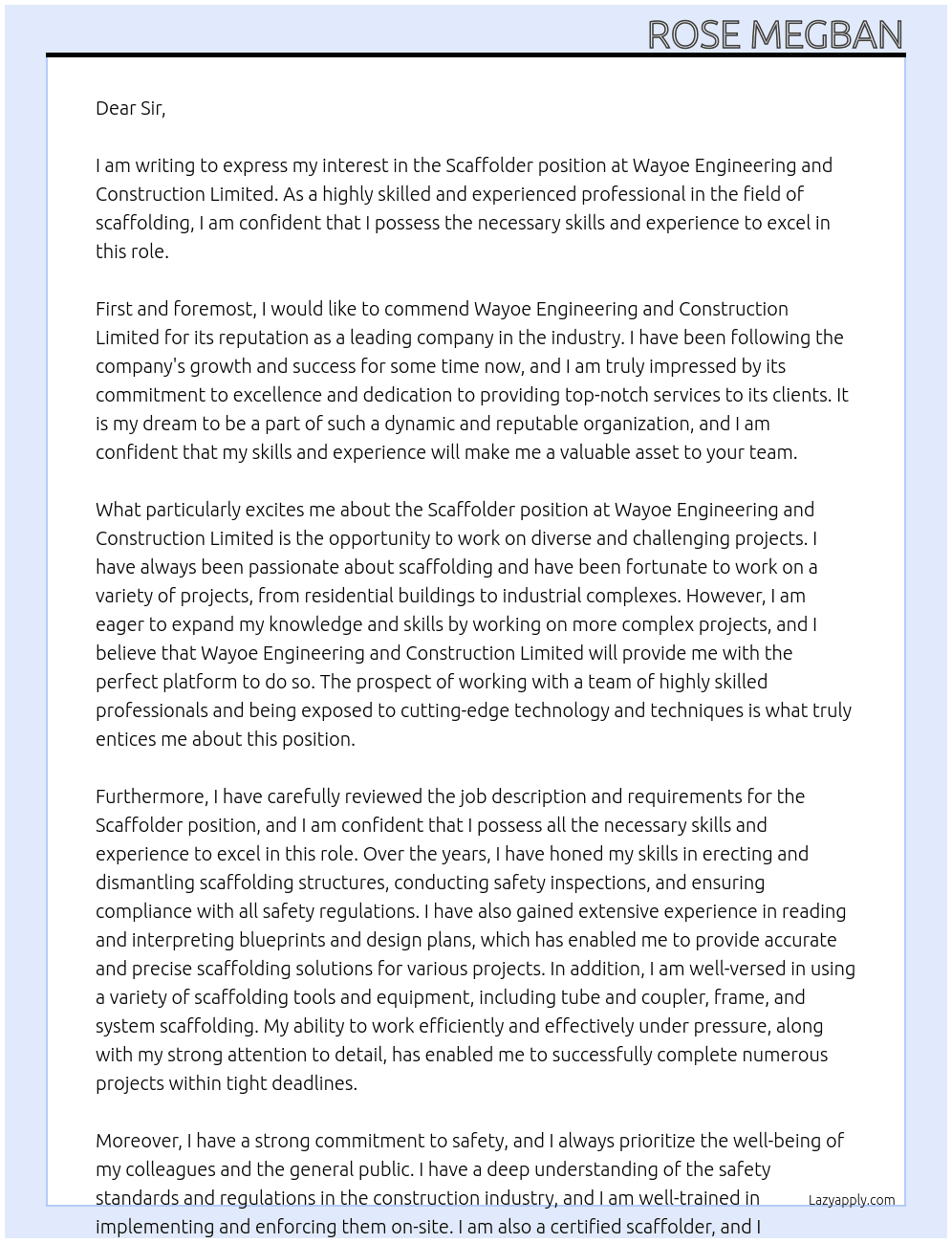SCAFFLODER At Wayoe Engineering and Construction Limited Cover Letter