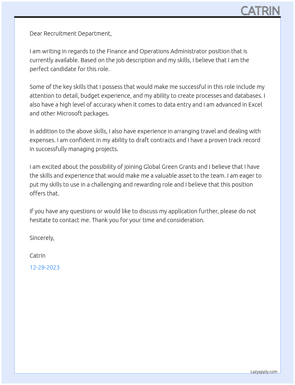 Finance and operations administrator  At Global green grants Cover Letter