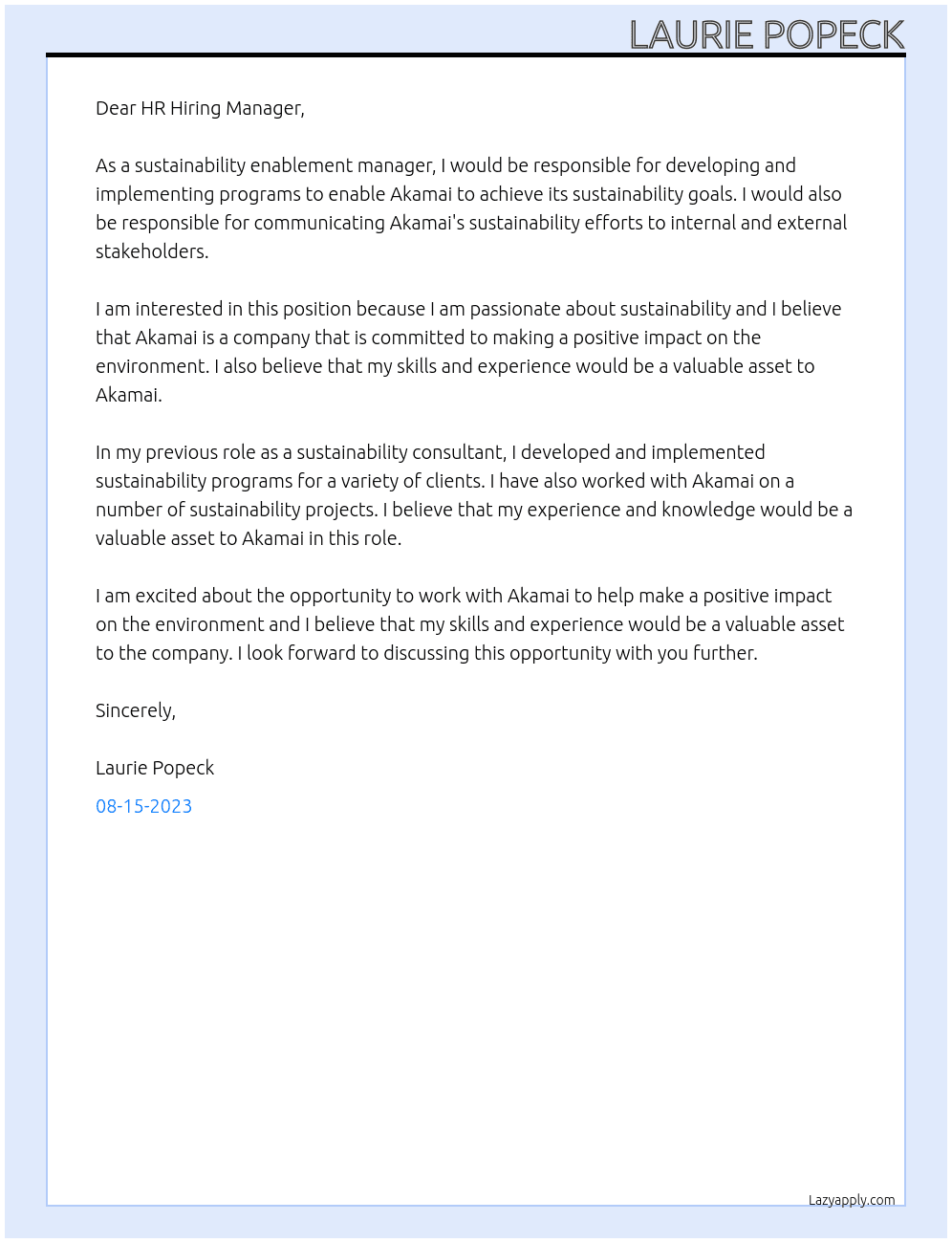 Sustainability Enablement Manager At Akamai Cover Letter