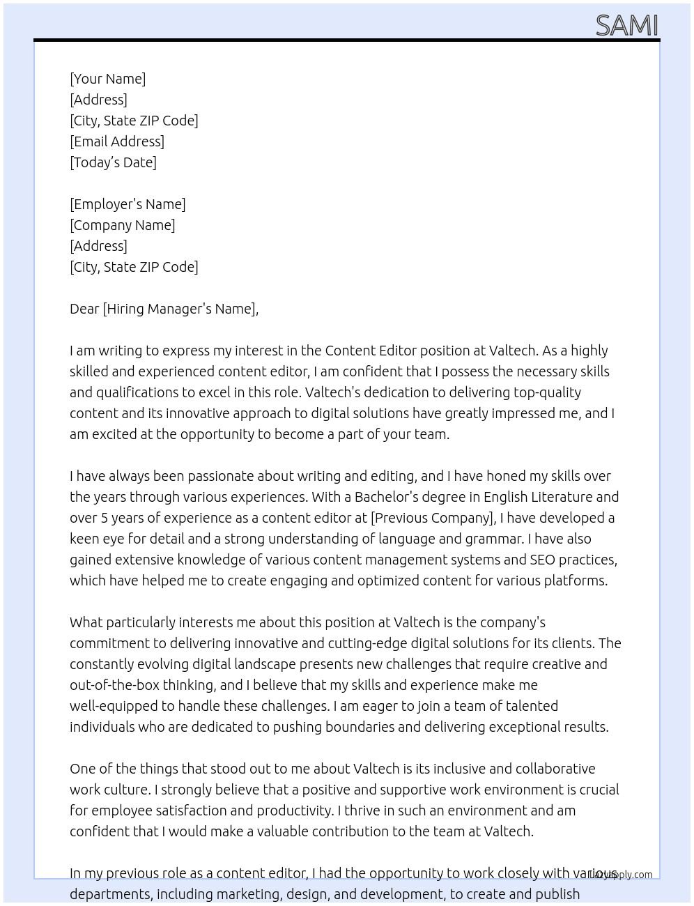 Content Editor At Valtech Cover Letter