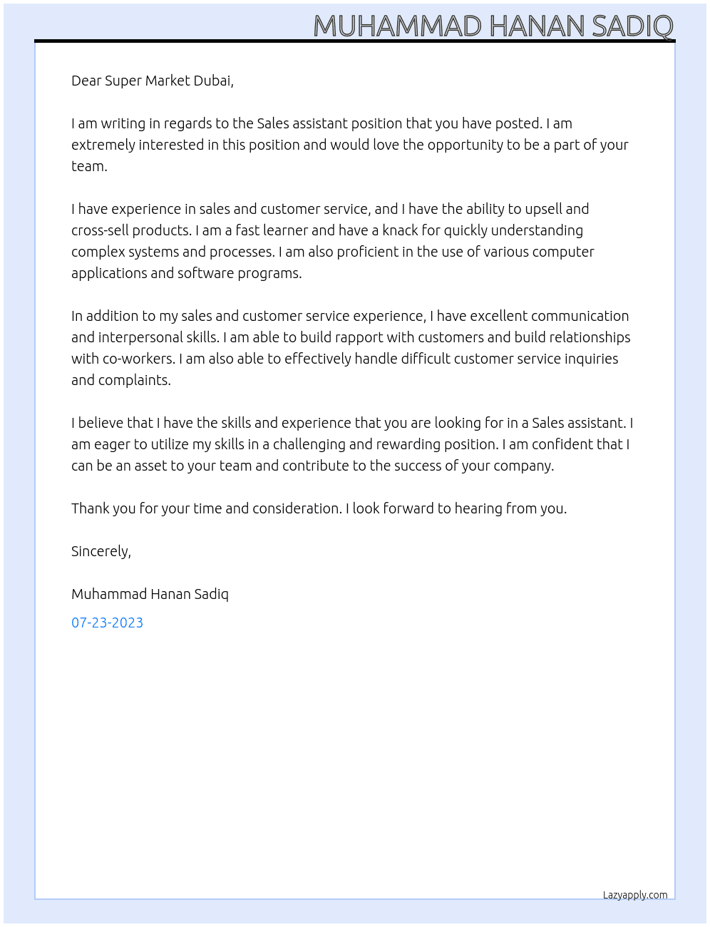 Sales assistant At Super Market Dubai Cover Letter
