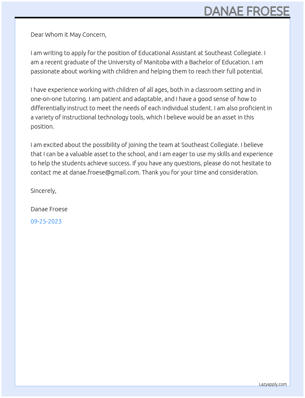 Educational Assistant At Southeast Collegiate Cover Letter