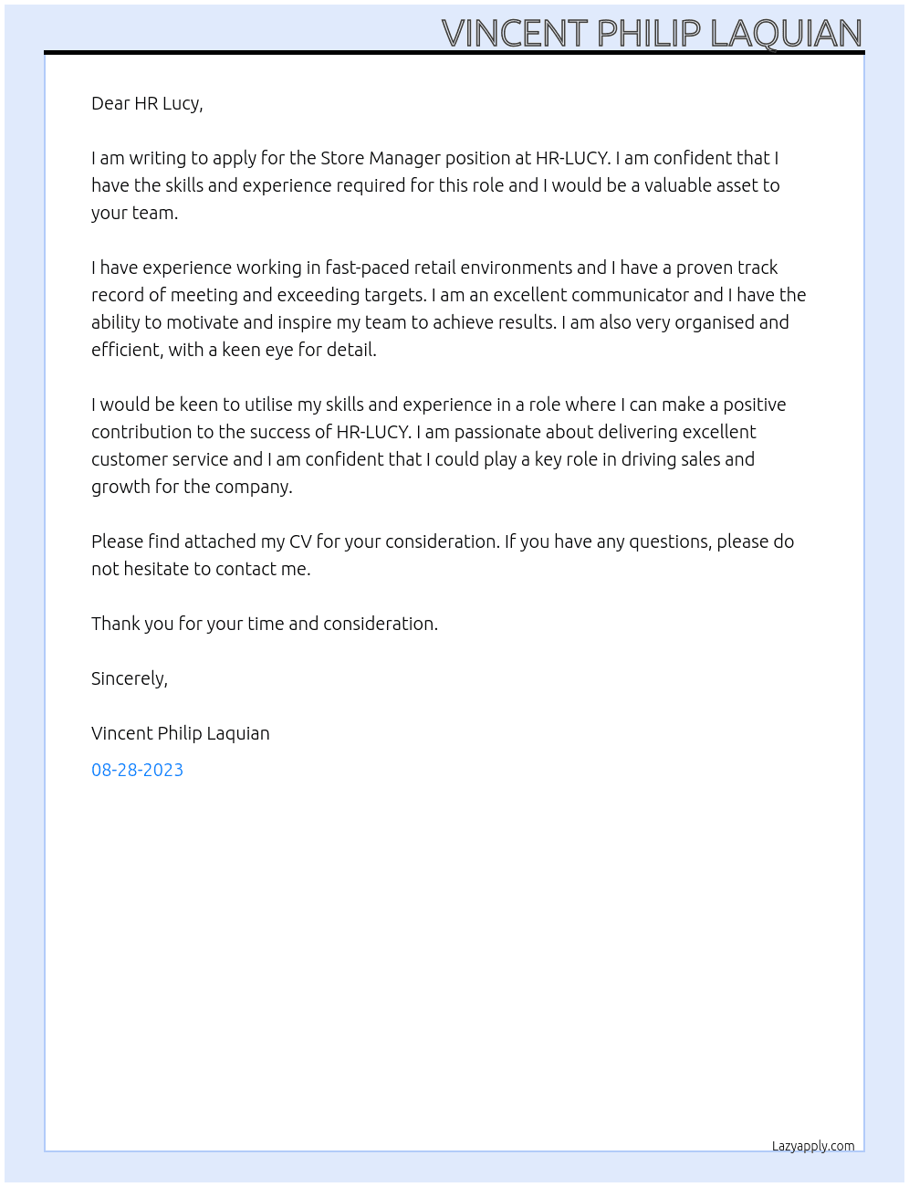 Store Manager At HR-LUCY Cover Letter