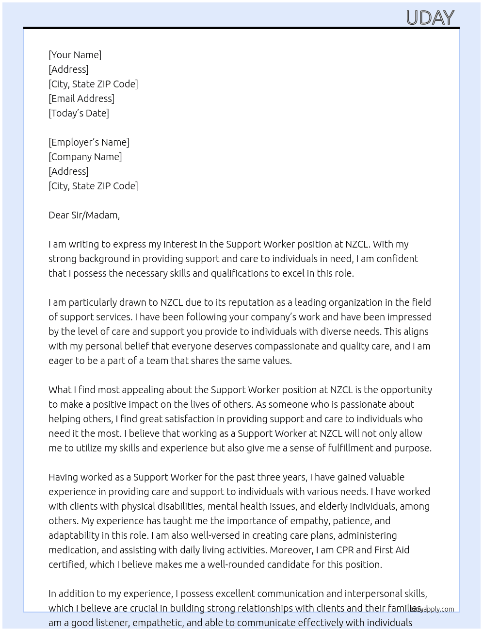 Support worker  At NZCL Cover Letter