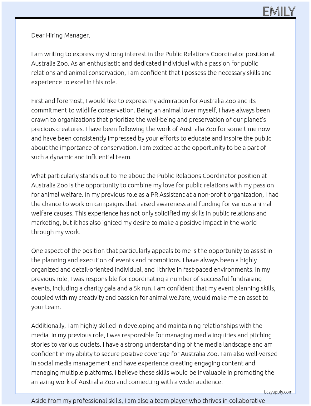 Public Relations Coordinator At Australia Zoo Cover Letter