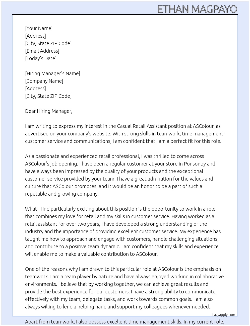 Casual Retail Assistant At ASColour Cover Letter