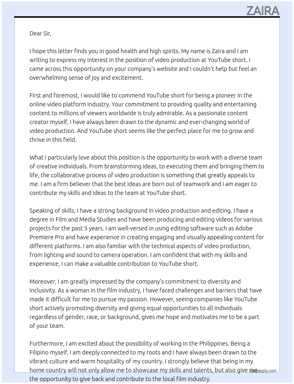 video production  At YouTube short Cover Letter
