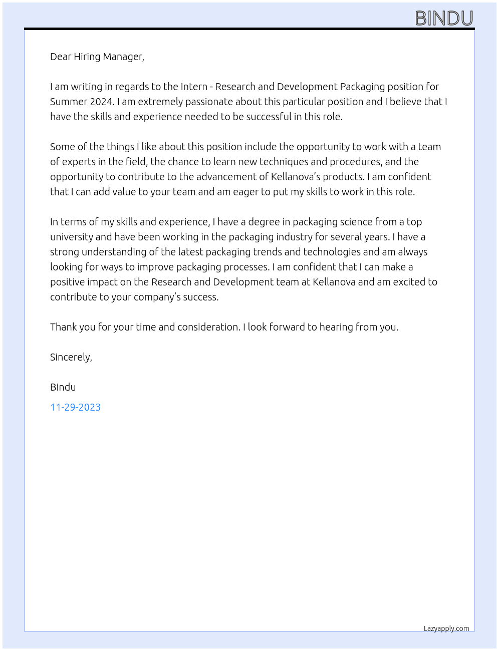 Intern - Research and Development Packaging- Summer 2024 At Kellanova Cover Letter