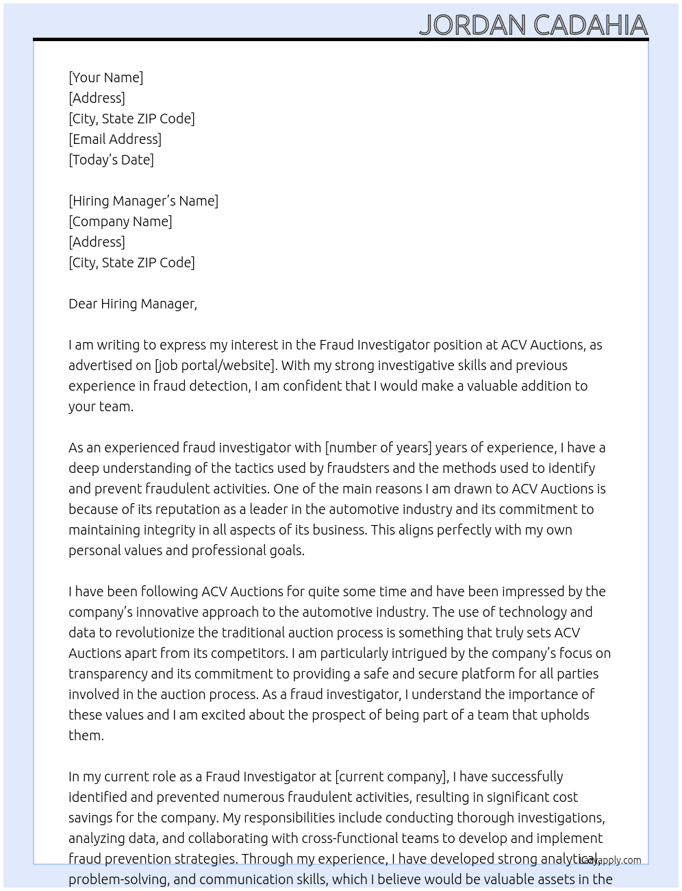 Fraud Investigator At ACV Auctions Cover Letter