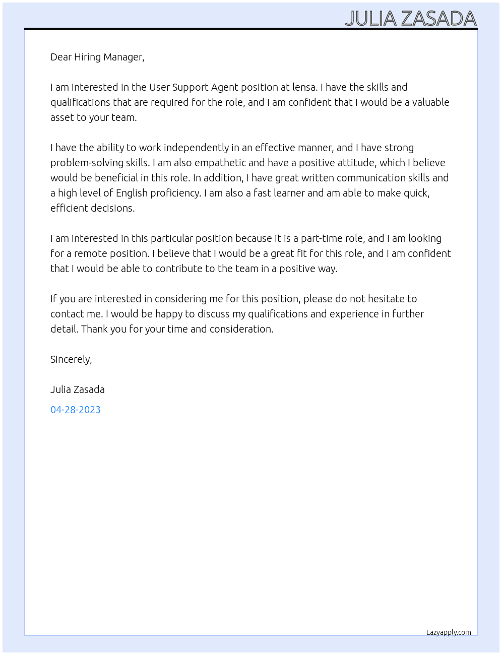 User Support Agent At lensa Cover Letter