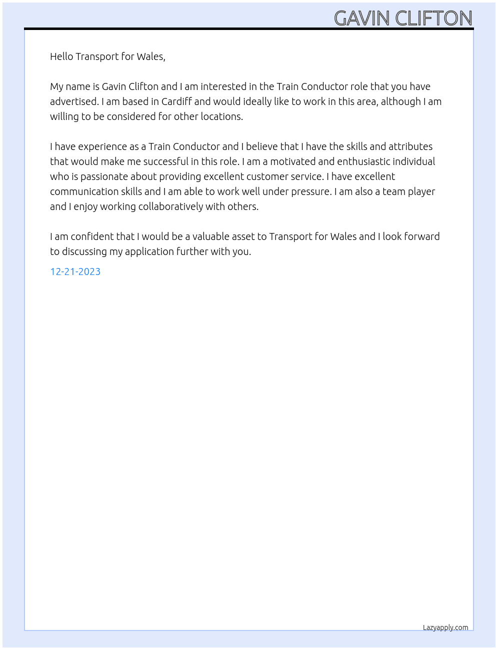 Train Conductor At Transport for Wales Cover Letter