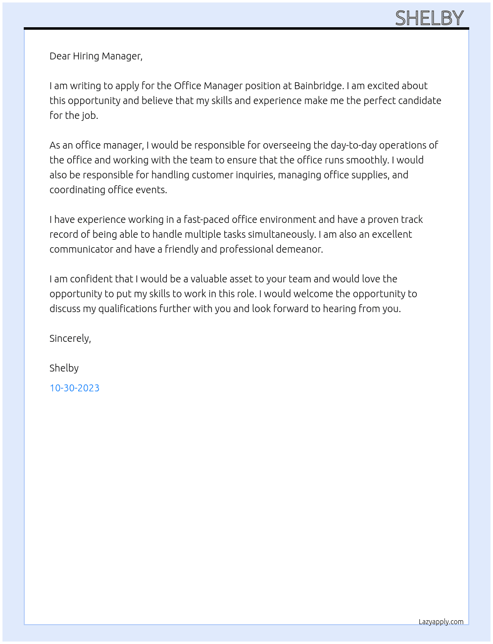 Office Manager At Bainbridge Cover Letter