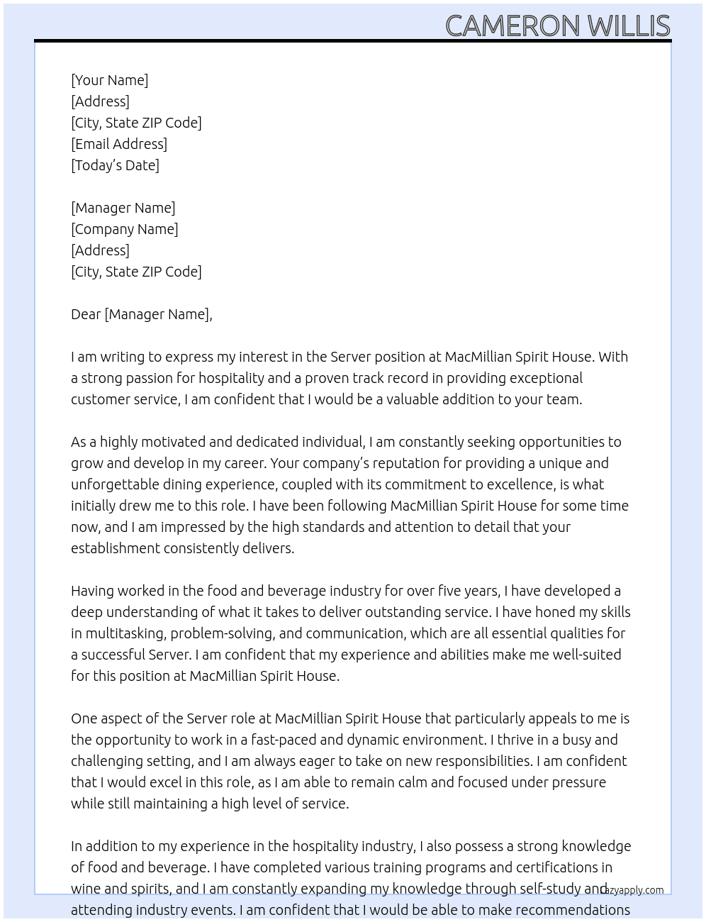 Server At MacMillian Spirit House Cover Letter
