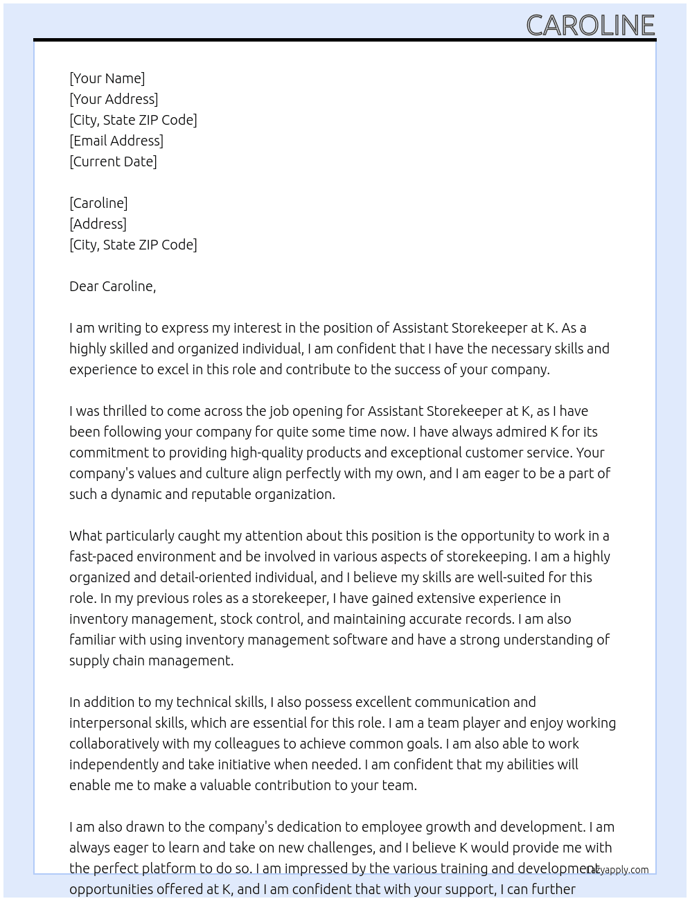 ASSISTANT STOREKEEPER At K Cover Letter