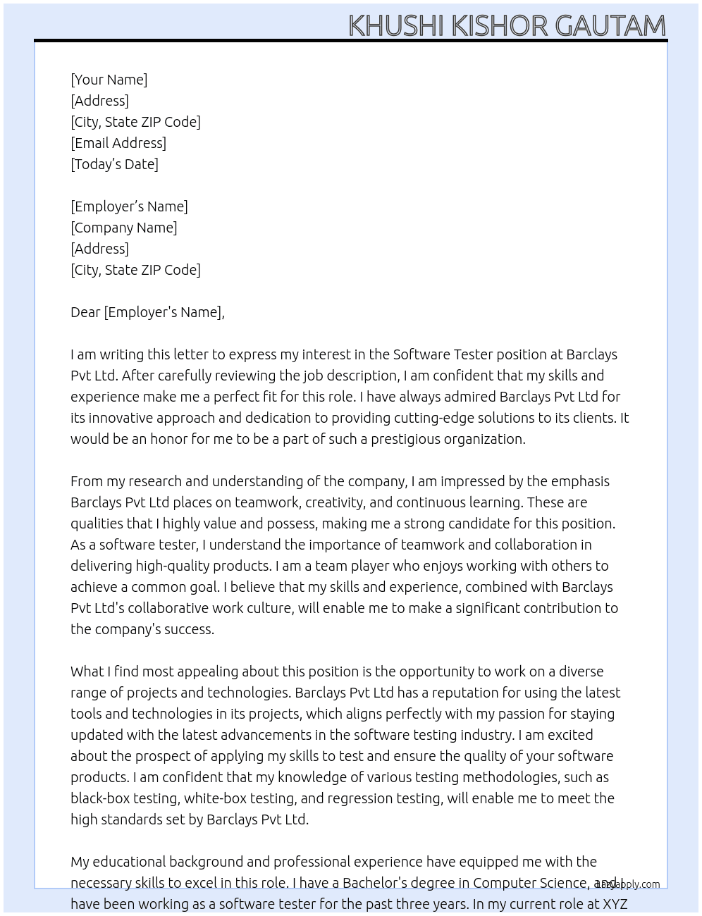 Software Tester At Barclays Pvt Ltd Cover Letter
