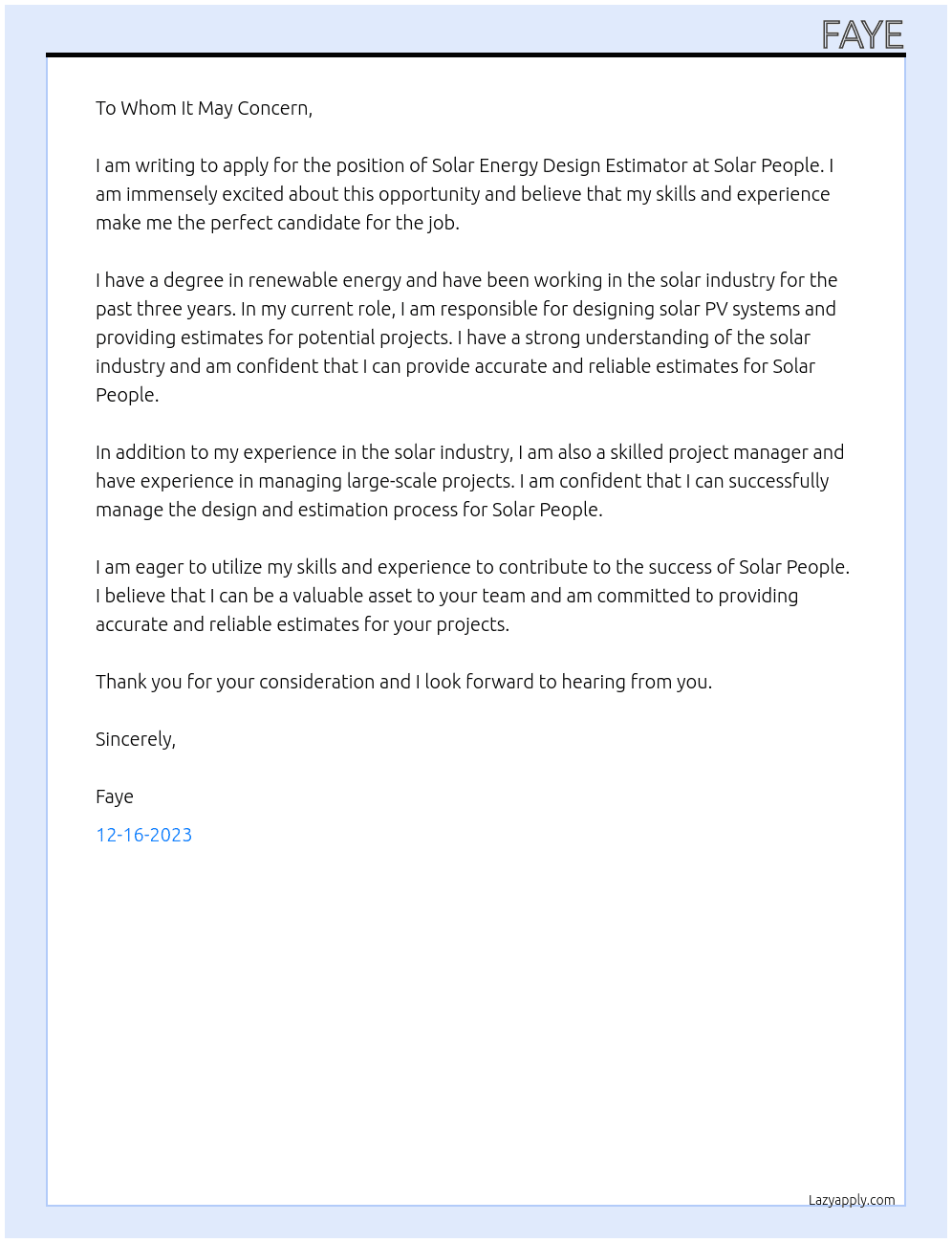 Solar energy design estimator At Solar people Cover Letter