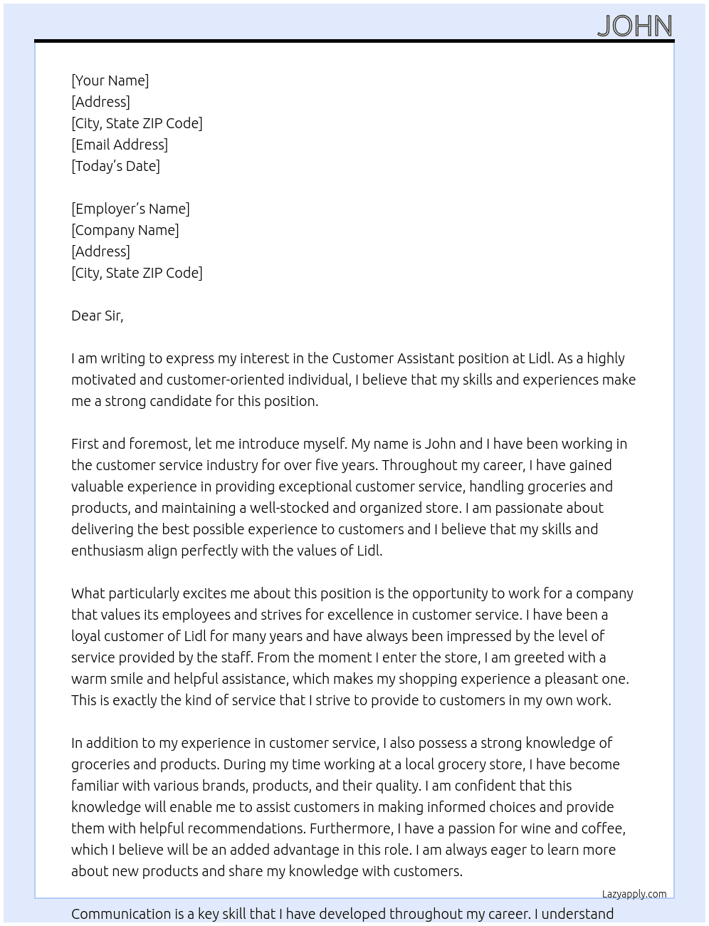 Customer assitant At Lidl Cover Letter