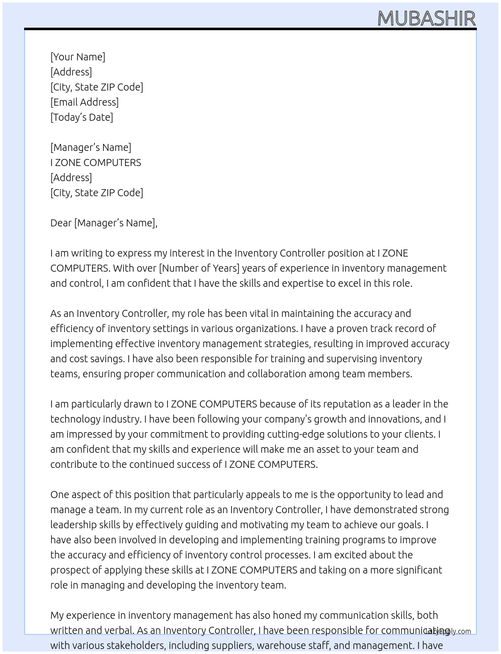 Inventory Controller  At I ZONE COMPUTERS Cover Letter