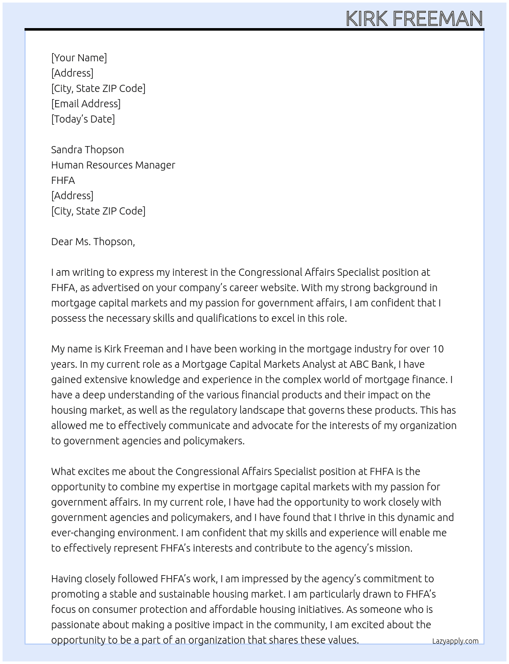 Congressional Affairs Specialist At FHFA Cover Letter
