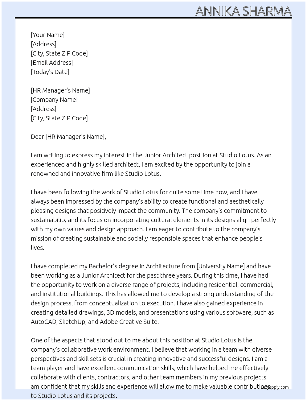 Junior Architect At Studio Lotus Cover Letter