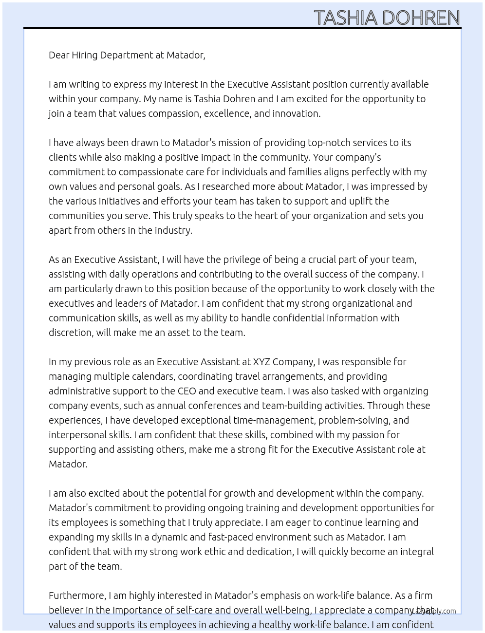 Executive Assistant At Matador Cover Letter