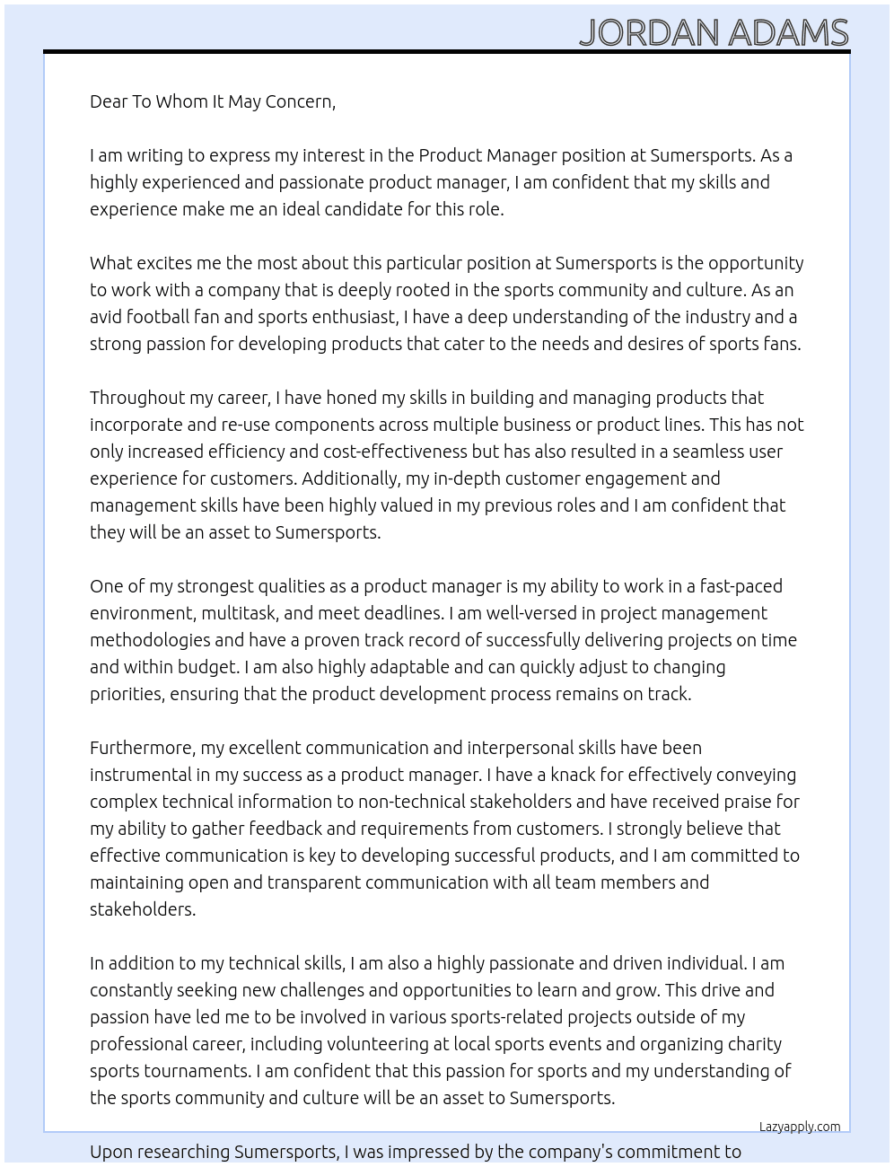 Product Manager At Sumersports Cover Letter