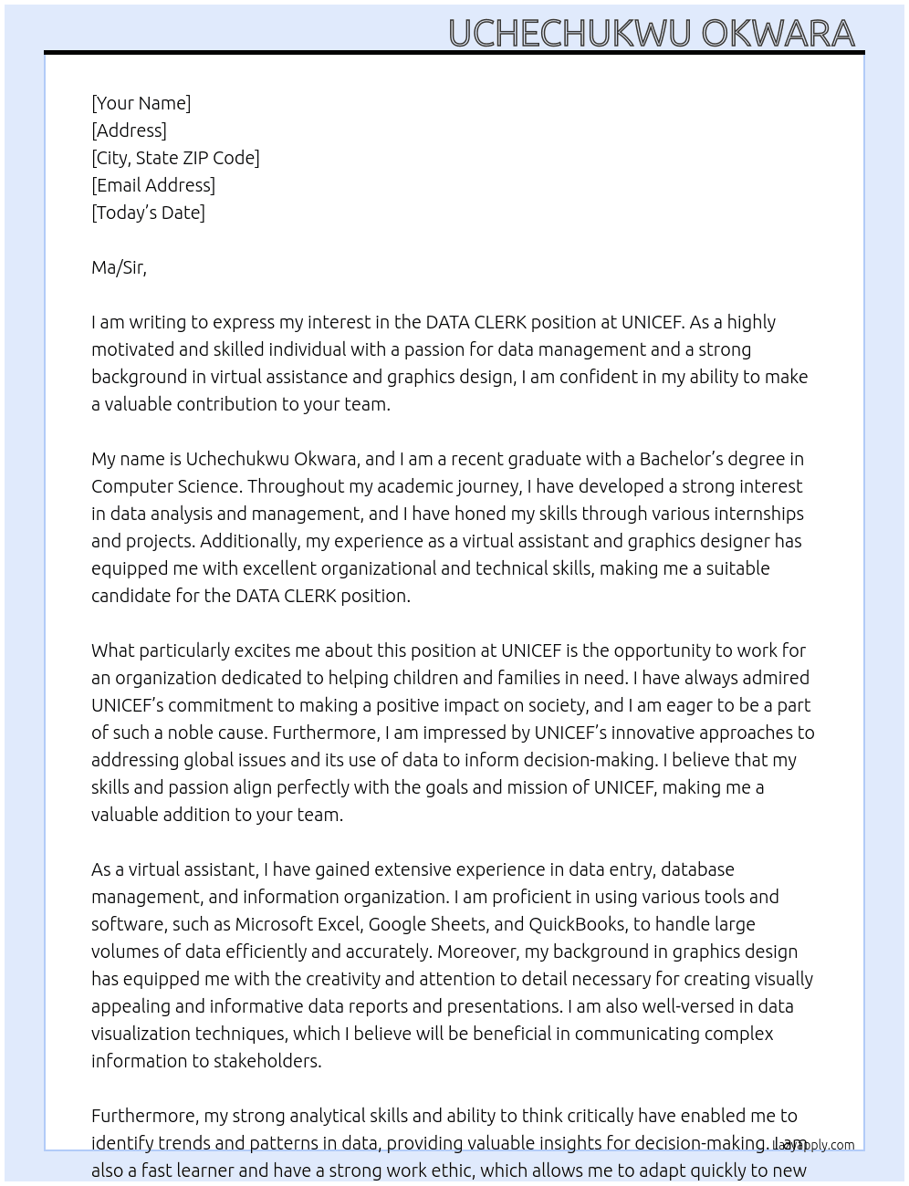 DATA CLERK At UNICEF Cover Letter