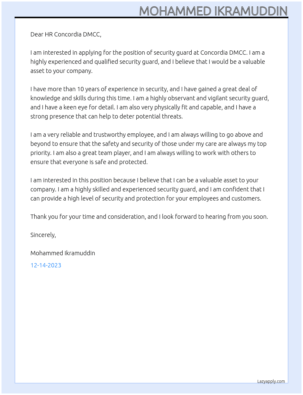 Security guard At Concordia DMCC - Dubai Cover Letter