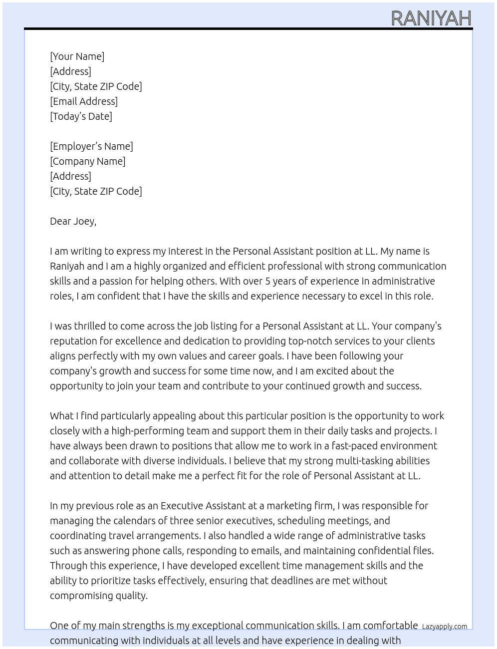 Personal assistant  At Ll  Cover Letter