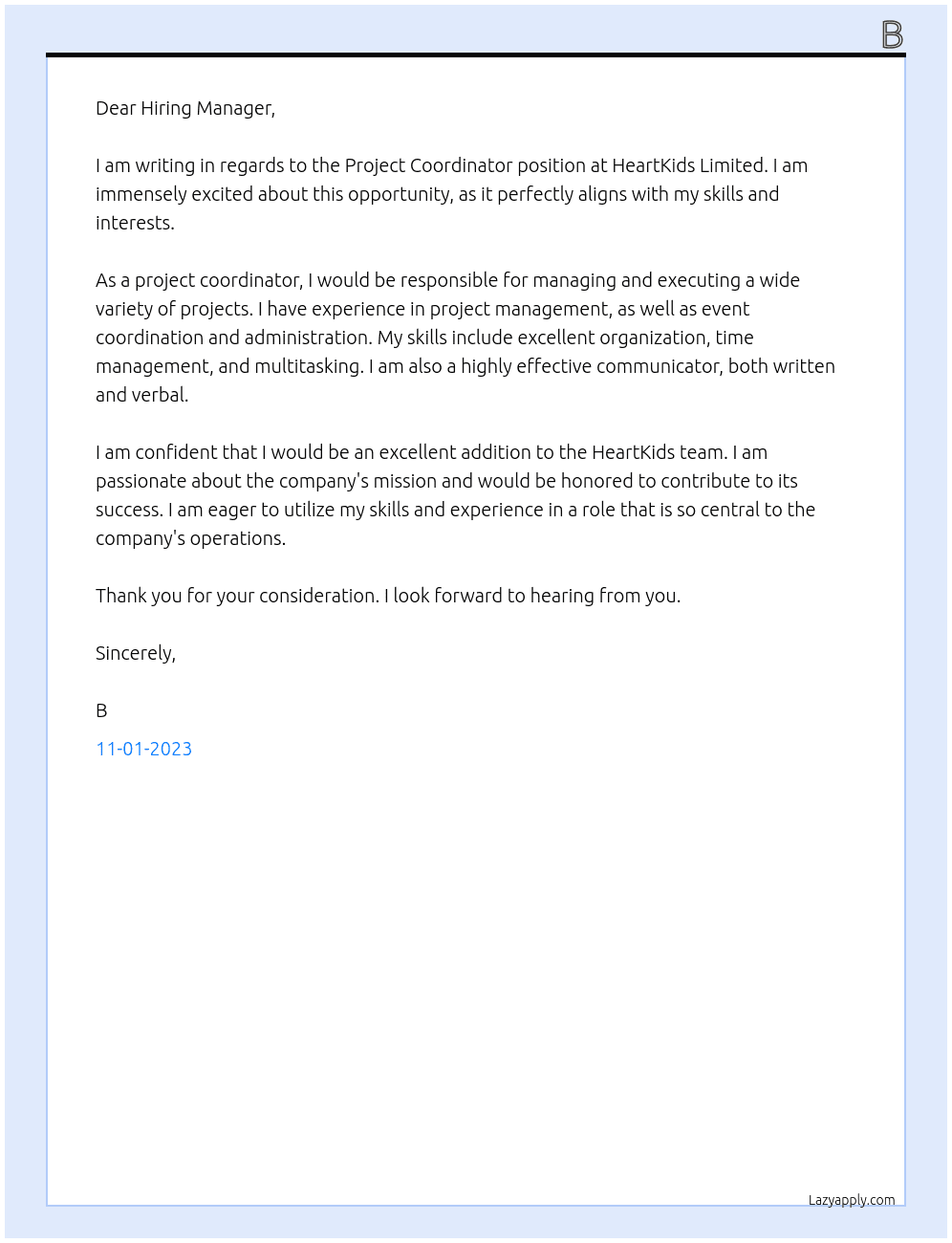 Project Cordinator At HeartKids Limited Cover Letter