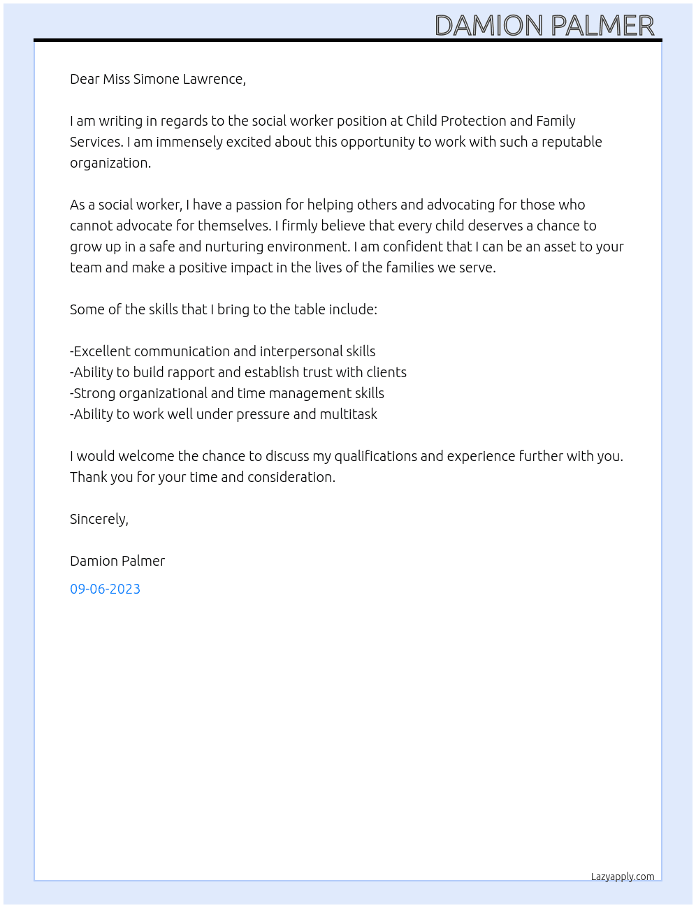 social worker  At child Protection and Family Services Cover Letter