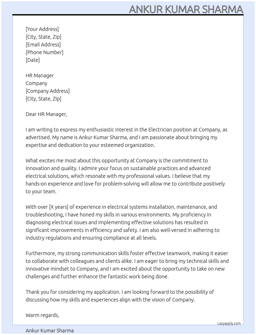 Electrician At Company Cover Letter