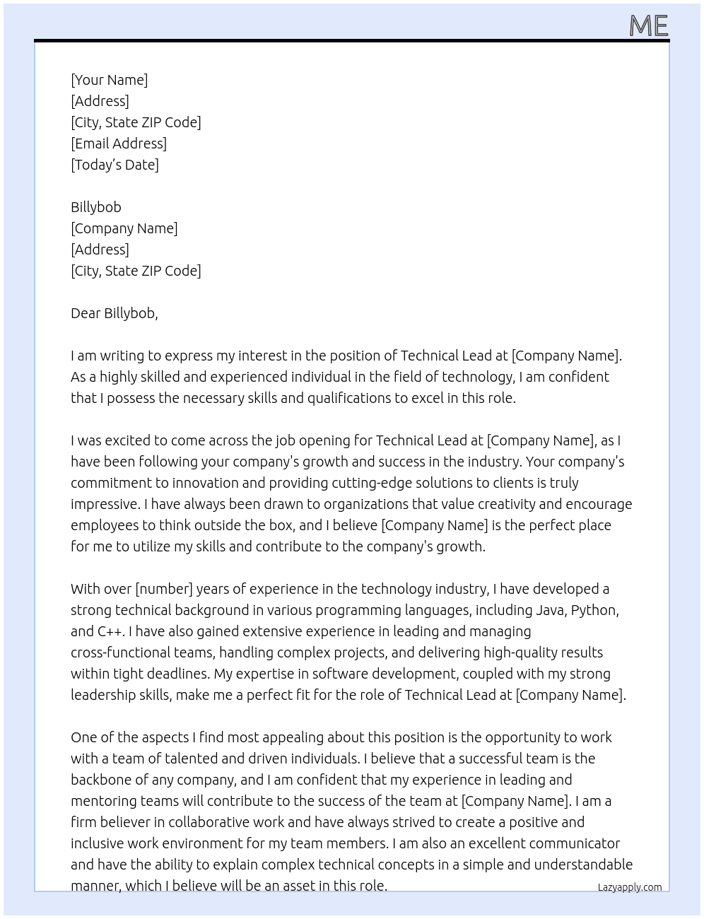 Technical LEad At billybob Cover Letter