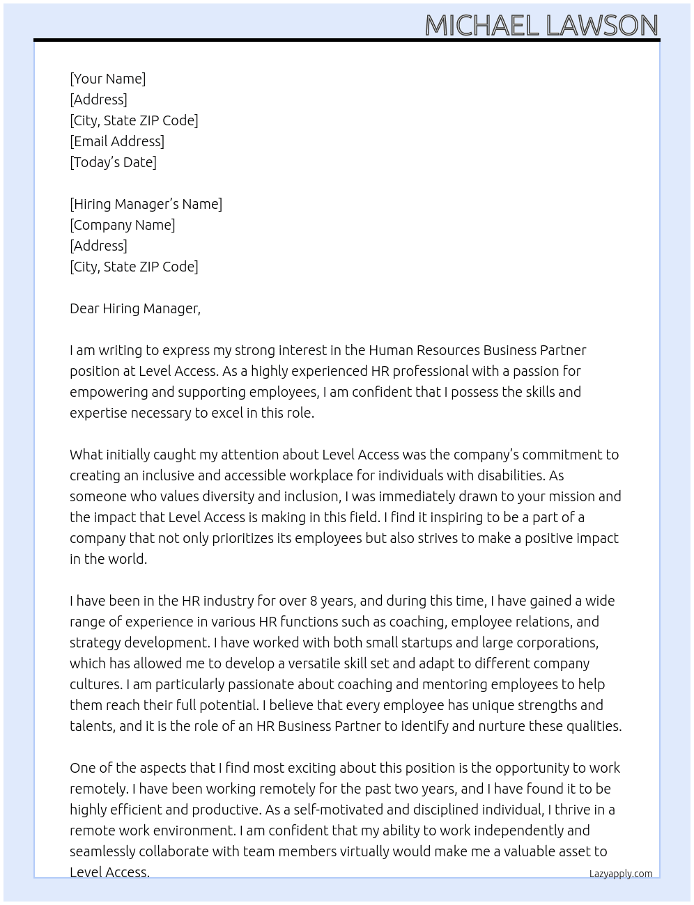 Human Resources Business Partner At Level Access Cover Letter